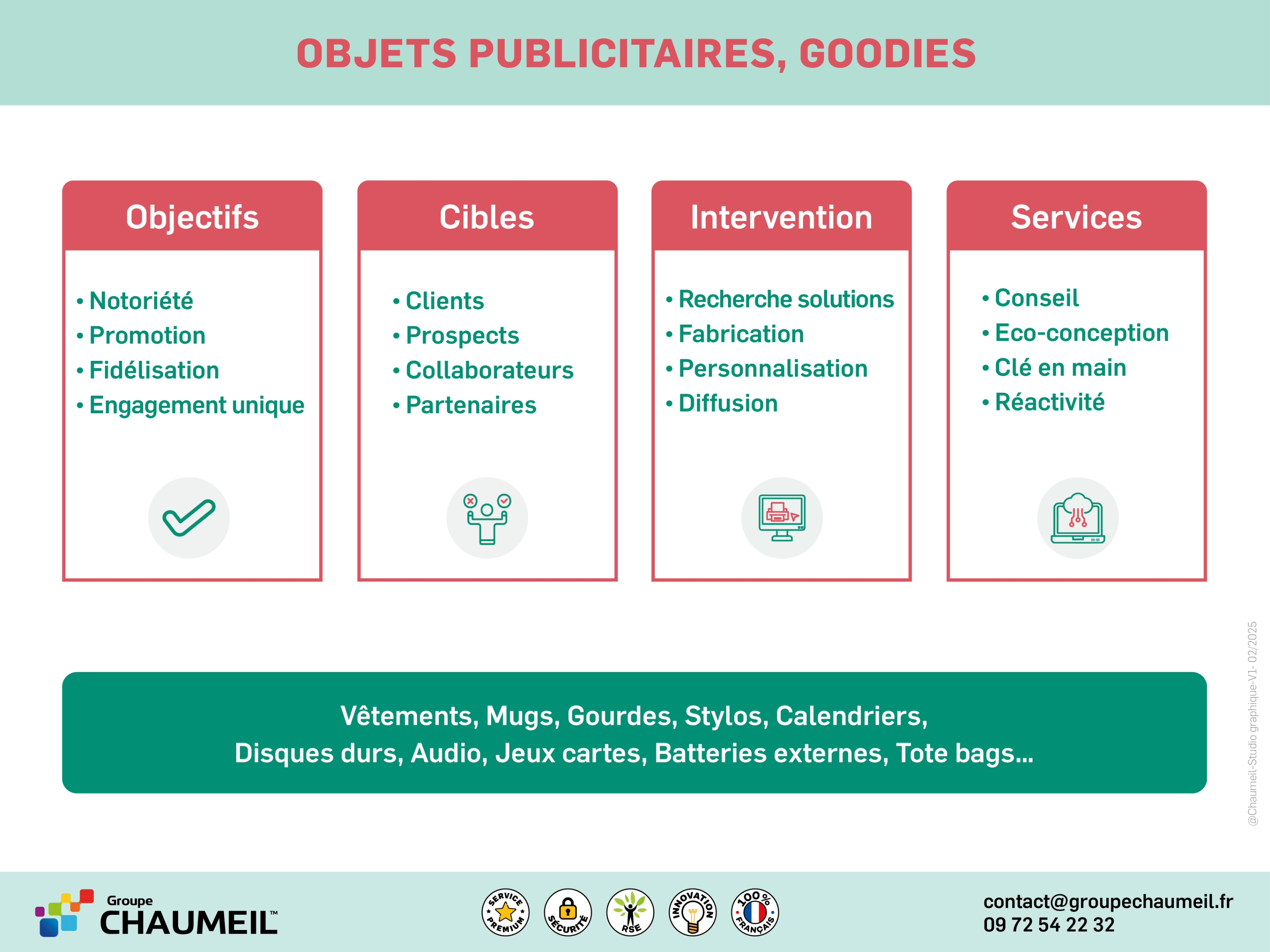 Chaumeil propose des goodies, totes bags, vêtements, mugs, gourdes, stylos, calendriers, batteries, jeux, carnets, blocs-notes