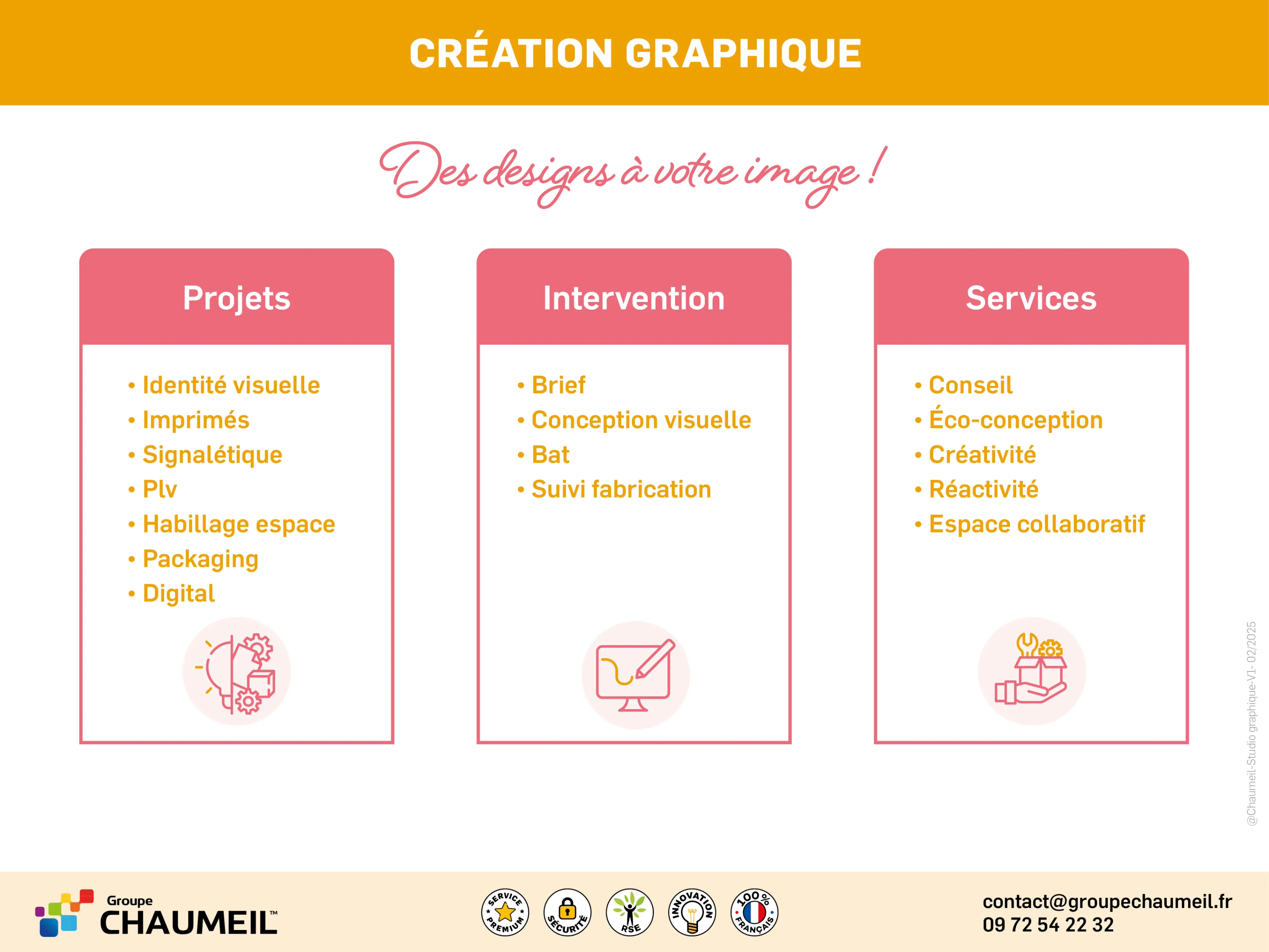 Pour la création, design, communication graphique, identité visuelle, print, digital, signalétique, plv, packaging, goodies