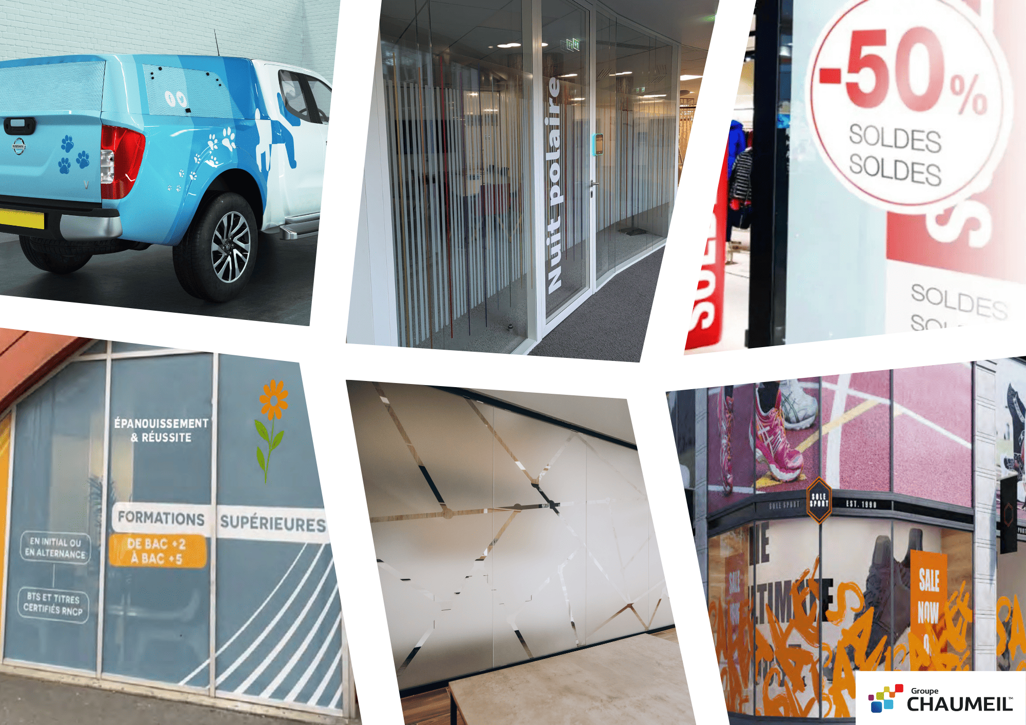 Usages de la vitrophanie : vitrages intérieurs, vitrines commerciales, bureaux, véhicules, déco