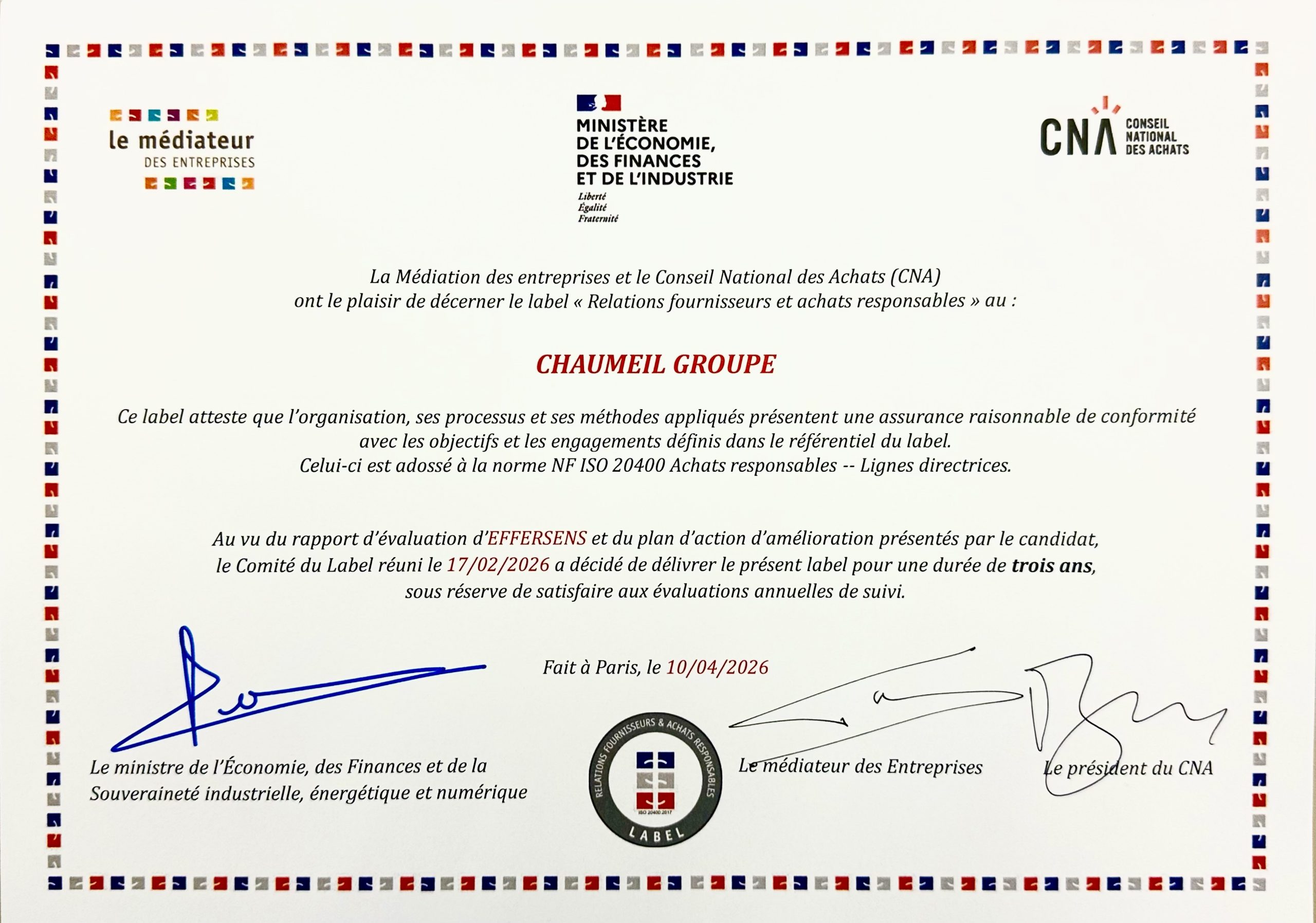Label Rfar iso 20400 achats responsables Etat Rse Chaumeil Label Rfar décerné à Chaumeil pour ses achats responsables, Rse, Iso 20400, par le Cna et la Médiation des entreprises, Etat
