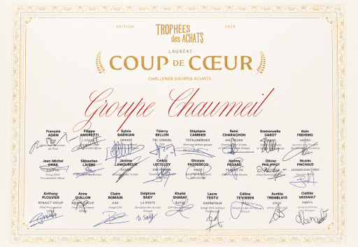 Diplôme obtenu par le Groupe Chaumeil recevant la médaille Coup de Cœur lors des Trophées des Achats 2026